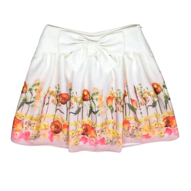 Ted Baker - Ivory &amp; Floral Print Mini Skirt w/ Bow Sz 4