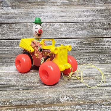 Vintage Fisher Price Jolly Jalopy #724, 1960s 1970s Old Wooden Car Pull Toy, Funny Clown Car, Circus Carnival, Nursery Decor, Vintage Toys 