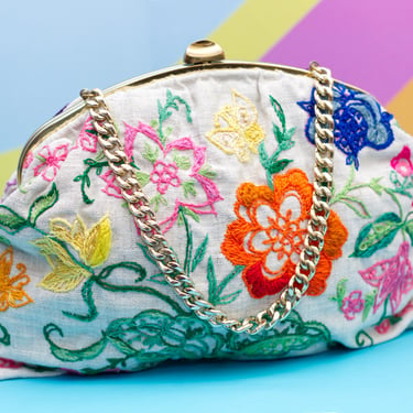 Vintage 1960s Embroidered Floral Handbag with Chain Strap 