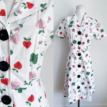 Vintage 1950s Hearts, Clovers & Fruit Novelty Print Cotton Dress  M 