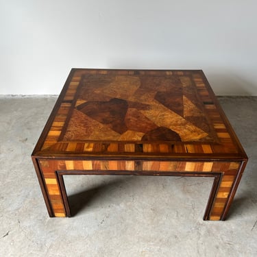 Mid- Century Burl Wood Parchment Top Square Coffee Table 