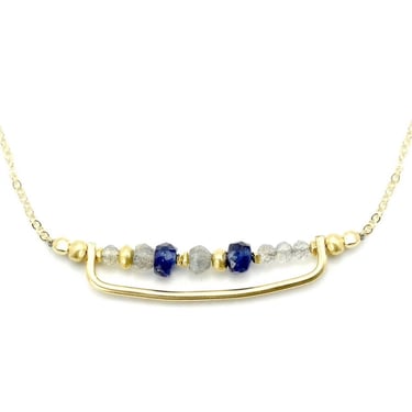 J&I Jewelry | 14k Gold Filled Bar with Faceted Blue Sapphire Necklace
