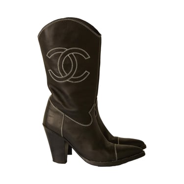 Chanel Black Logo Cowboy Boots