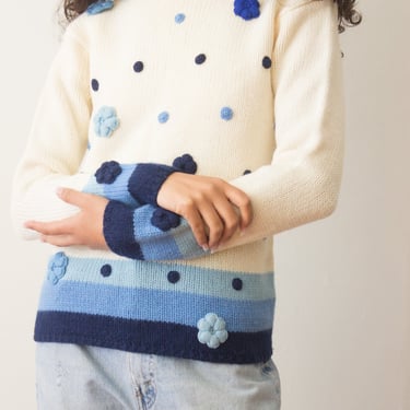 1960s Blue Bobble Knit Bateau Neck Pullover 