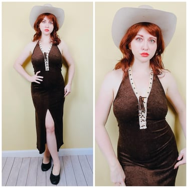 Y2K Brown Faux Suede Stretch Halter Dress / Vintage Lace Front Knit Wiggle Dress / Size Small - Large 