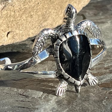 Vintage Mexico Sterling Silver and Black Onyx Stone Sea Turtle Wide Cuff Bracelet 