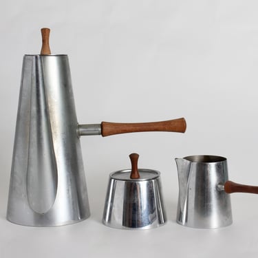 Kalmar Stainless Steel Coffee Set, Wooden Handles, Mid Century Serveware, Vintage Coffee Set, Vintage Tea Set, Made in Italy, Kalmar,5 Piece 