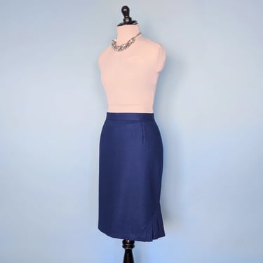 Vintage 80s Royal Blue Wool Pencil Skirt, 1980s Knee Length Fitted Skirt 