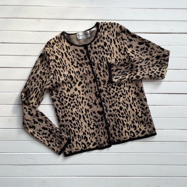 leopard print sweater 80s 90s vintage Sharon Young animal print cardigan 