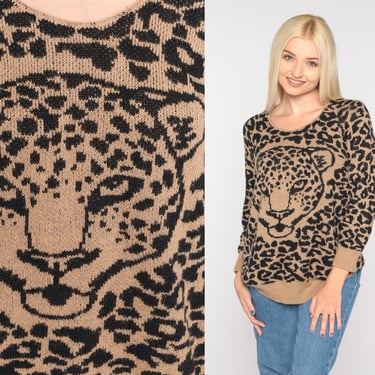 Leopard Sweater 90s Animal Print Sweater Wildlife Face Slouchy Knit Safari Statement Pullover Boho Cheetah Jumper Vintage 1990s Medium M 