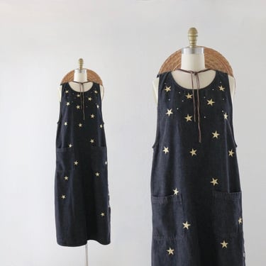 denim starshine dress - m - vintage 90s y2k womens sleeveless black jean long size medium star stars dress pockets jumper 