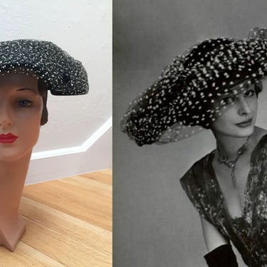 That Iconic Look - Vintage 1950s Black Mushroom Dior Styled Wide Brim Hat w/White Chenille Netting 