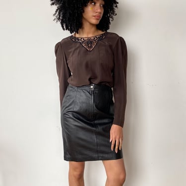 1970s Brown Lace Silk Top, sz. S-L