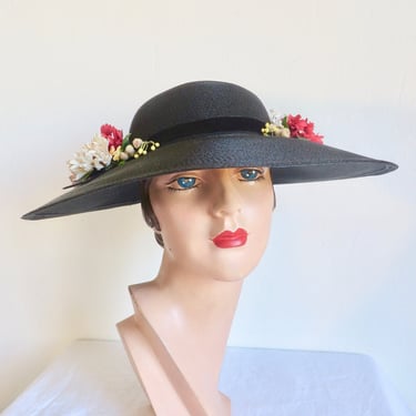 1950's Black Straw Wide Brim Hat Red White Fabric Flowers Velvet Trim Bows Rockabilly Portrait Picture Spring Summer 50's Millinery Size 22 