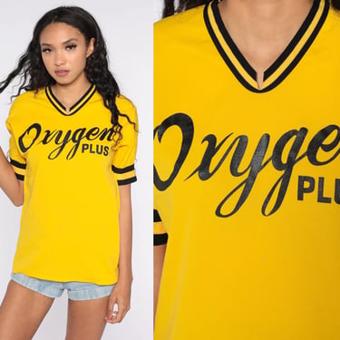 80s Baseball Shirt Oxygen Plus Ringer Tee Shirt Yellow Uniform Slogan Shirt V Neck Shirt Graphic Tshirt 1980s Vintage Small Medium 
