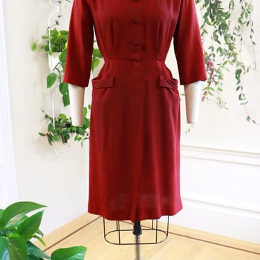 Vintage 1950s Day Dress | 50s Red Plaid Cotton Ration Wiggle Pencil Sheath Secretary Fall Autumnal Shirtwaist Dress | small 