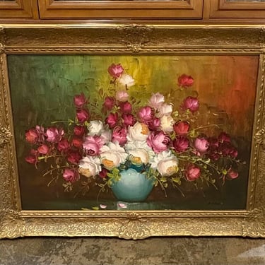 VINTAGE FLORAL STILL LIFE PAINTING ON CANVAS IN ORNATE GILDED FRAME | 38&quot;W X 28&quot;H X 2.25&quot;D