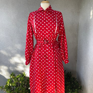 Vintage red white polka dot shirt dress belted buttons pleats size Medium 