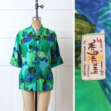 vintage 1960s Hawaiian tea timer top • bright blue & green tiki floral tunic in polished cotton 