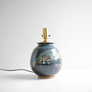 Vintage Blue Studio Pottery Table Lamp, Handmade Stoneware Ceramic Lamp 