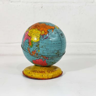 Vintage Globe Bank Mid Century J. Chein Tin Lithograph Metal World Map Mantique Baby Kids Room Decor Nursery 