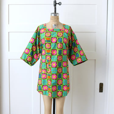 vintage 1960s ~ 70s bright pop art smock • mod floral cotton full apron tunic top 