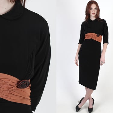 Vintage 40s Black Rayon Evening Dress, Terra Cotta Ruched Waist Pencil Skirt Mini Dress 