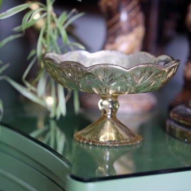 Vintage Gold Mercury Glass Compote Dish | Made in India Footed Bowl | Scalloped Edge Trinket Dish | Hollywood Regency Decor 
