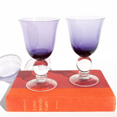 Vintage Purple Glass Water Goblets, Pair of Vintage Stemmed Wine or Liquor Glassware, Amethyst Purple Goblets 