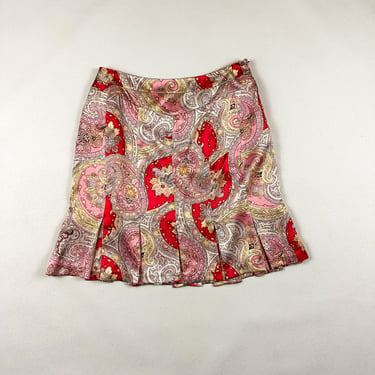 y2k Red and Orange Paisley Silk Midi Skirt / Ruffle Hem / Box Pleat / Size 14 / Fit and Flare / 00s / Fluttery / Vision Apparel / Cowgirl / 