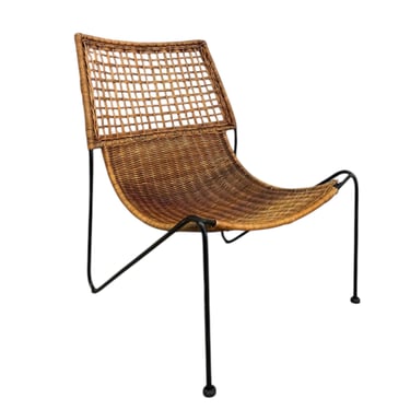 Free shipping within continental US - Vintage Mid Century Modern Iron And Wicker Sling Chair attributed to Frederick Weinberg C.1950 