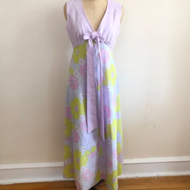 Lavender and Floral Print Maxi Dress with Tie - 1970s 