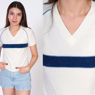 Vintage Terry Cloth Shirt Off-White Striped Retro T Shirt 80s TShirt V Neck Shirt 1980s Short Raglan Sleeve Navy Blue Extra Small xs 