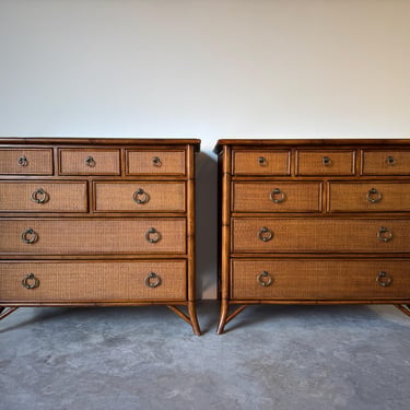 Vintage Coastal Baker Milling Road-Style Faux Bamboo Walnut and Cane Chest of Drawers - a Pair 