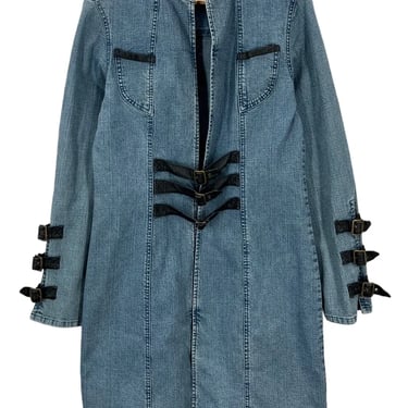 VTG Y2K Fubu Blue Denim Leather Straps Trench Coat Streetwear Fits Women's M/L