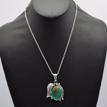 80's Navajo turquoise sterling leaf pendant, big Southwestern green stone 925 silver necklace 