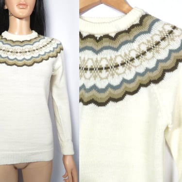 Vintage 70s Ivory Ski Sweater Fair Isle Print Nordic Sweater Size S/M 