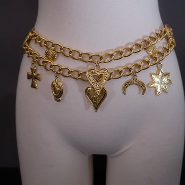 Vintage Escada Gold-Tone Medallion Chain Belt with Charms | Adjustable 37” | Made in Spain 