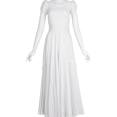 Vintage 1930s Embroidered Dot Smocked Lace White Cotton Voile Full Skirt Gown