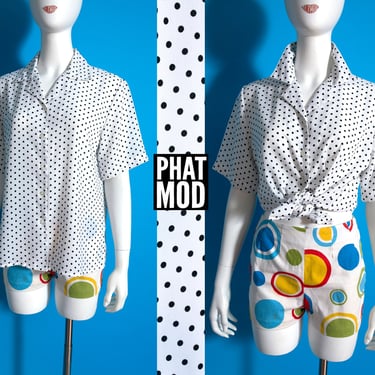 Chic Vintage 80s 90s White & Black Polka Dot Short Sleeve Button Down Collared Blouse 