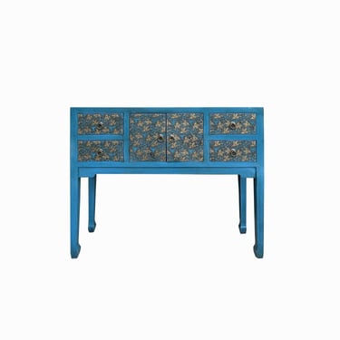 Blue Lacquer Golden Flower Graphic Drawers Slim Foyer Side Table cs7698E 