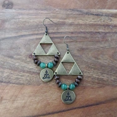 Antique bronze buddha triangle earrings, green jadeite 