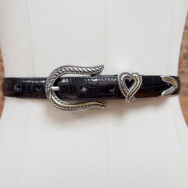 black alligator belt | 90s vintage Brighton leather heart buckle statement belt 