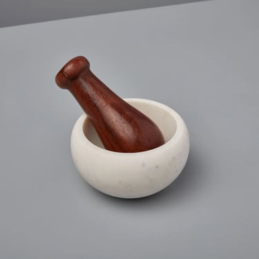 White Marble and Wood Mortar &amp; Pestle