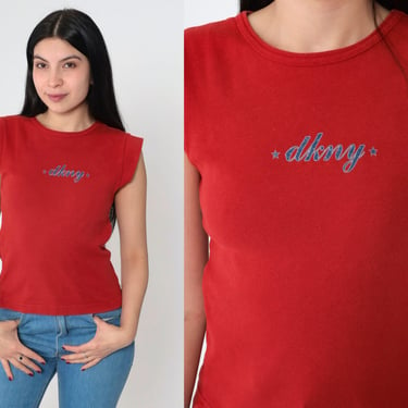 Y2K DKNY T Shirt Tight Red Donna Karan Top 00s Vintage Retro Baby Tee Cap Sleeve Tshirt Graphic Designer Girly Fit Small Medium 