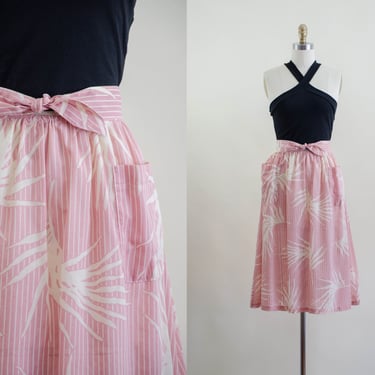 blush pink striped skirt | 80s vintage dusty rose cream striped palm frond leaf pattern cottagecore bowtie waist apron skirt 
