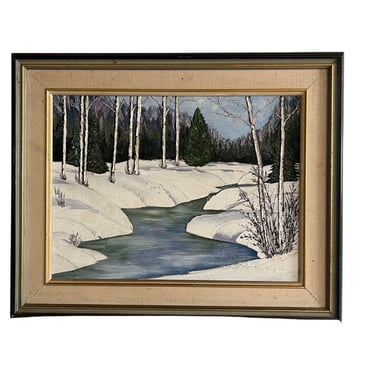 Vintage mid century modern oil painting wilderness scenic trees river lake mountains snow wall art 