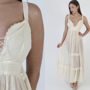 Ivory Lace Up Corset Maxi Dress / Renaissance Faire Style Clothing / Vintage 70s Prairie Wedding / Plain Lightweight Bohemian Bridal Gown 