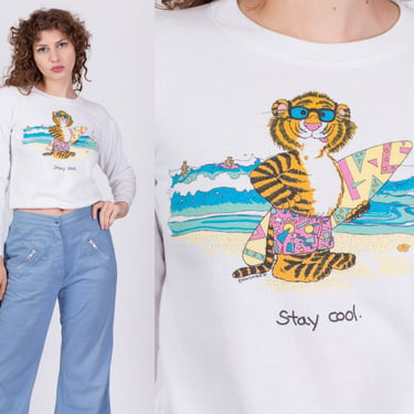 80s Suzy's Zoo "Stay Cool" Surfer Tiger Sweatshirt - Petite XS | Cute Cartoon Animal Surfing Beach Graphic Pullover 