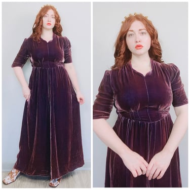 1940s Vintage Purple Velvet Puffed Sleeve Gown / 40s / Forties Ruched Fitted Bodice Maxi Dress / Medium 